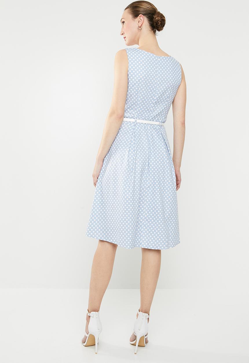 Revenge - Polka dot belted fit & flare dress - blue & white