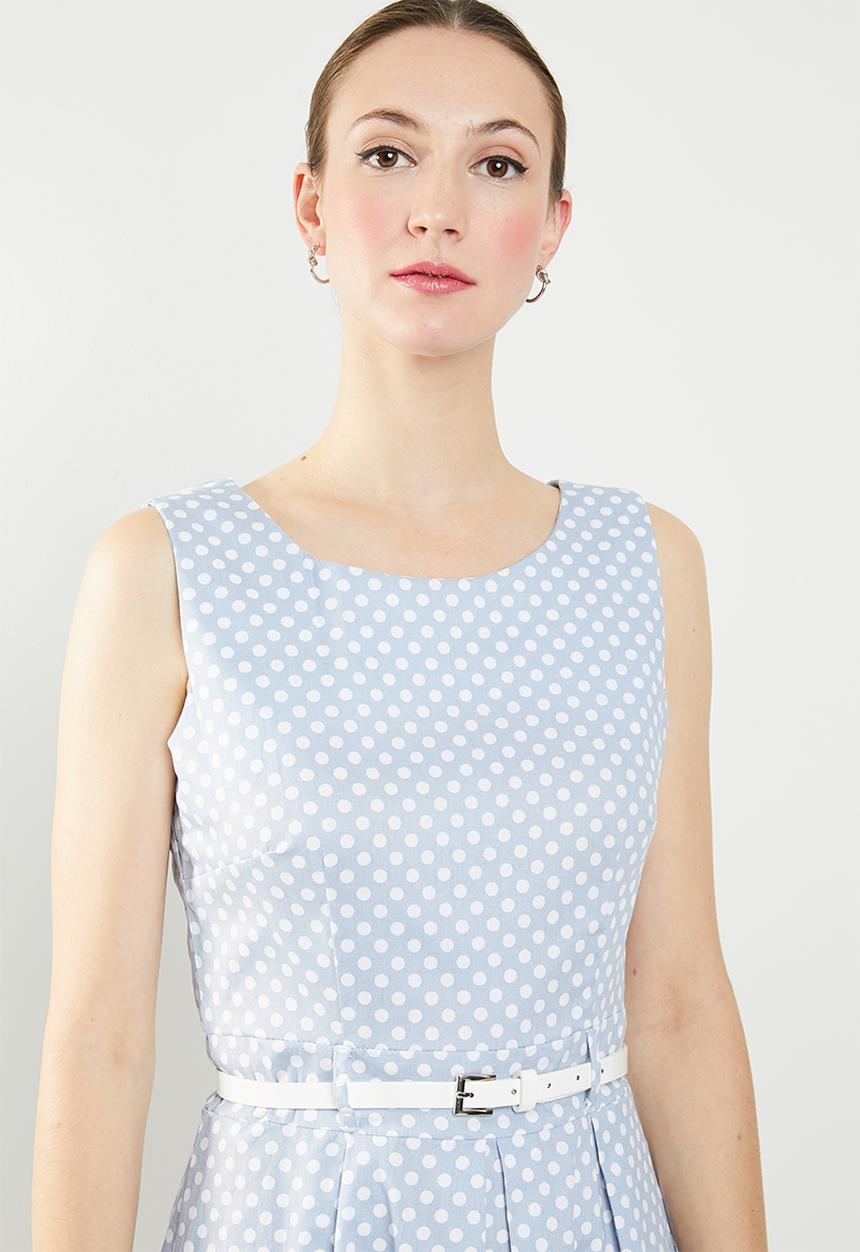 Revenge - Polka dot belted fit & flare dress - blue & white