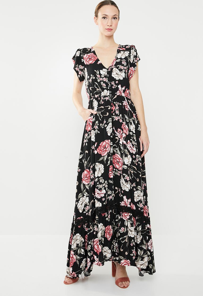 Revenge - Frill sleeve floral maxi dress - black