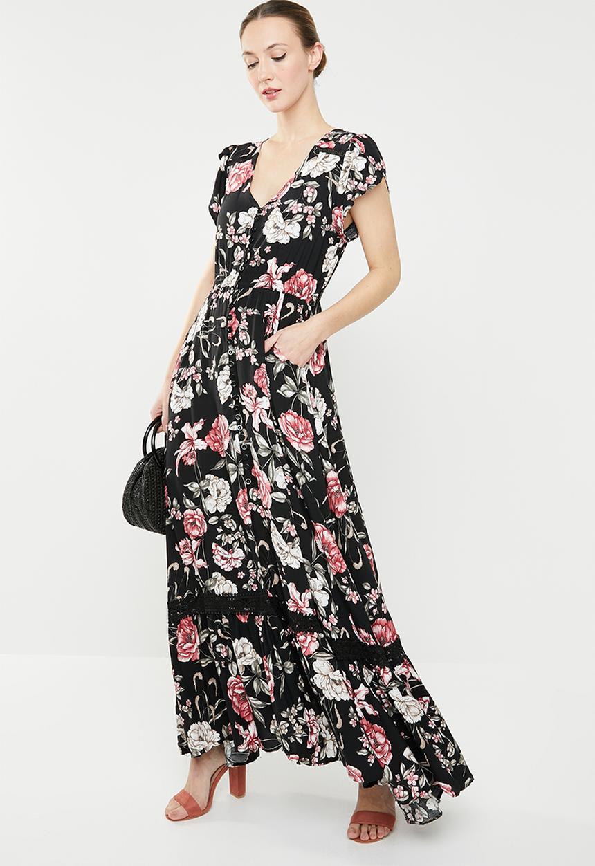 Revenge - Frill sleeve floral maxi dress - black
