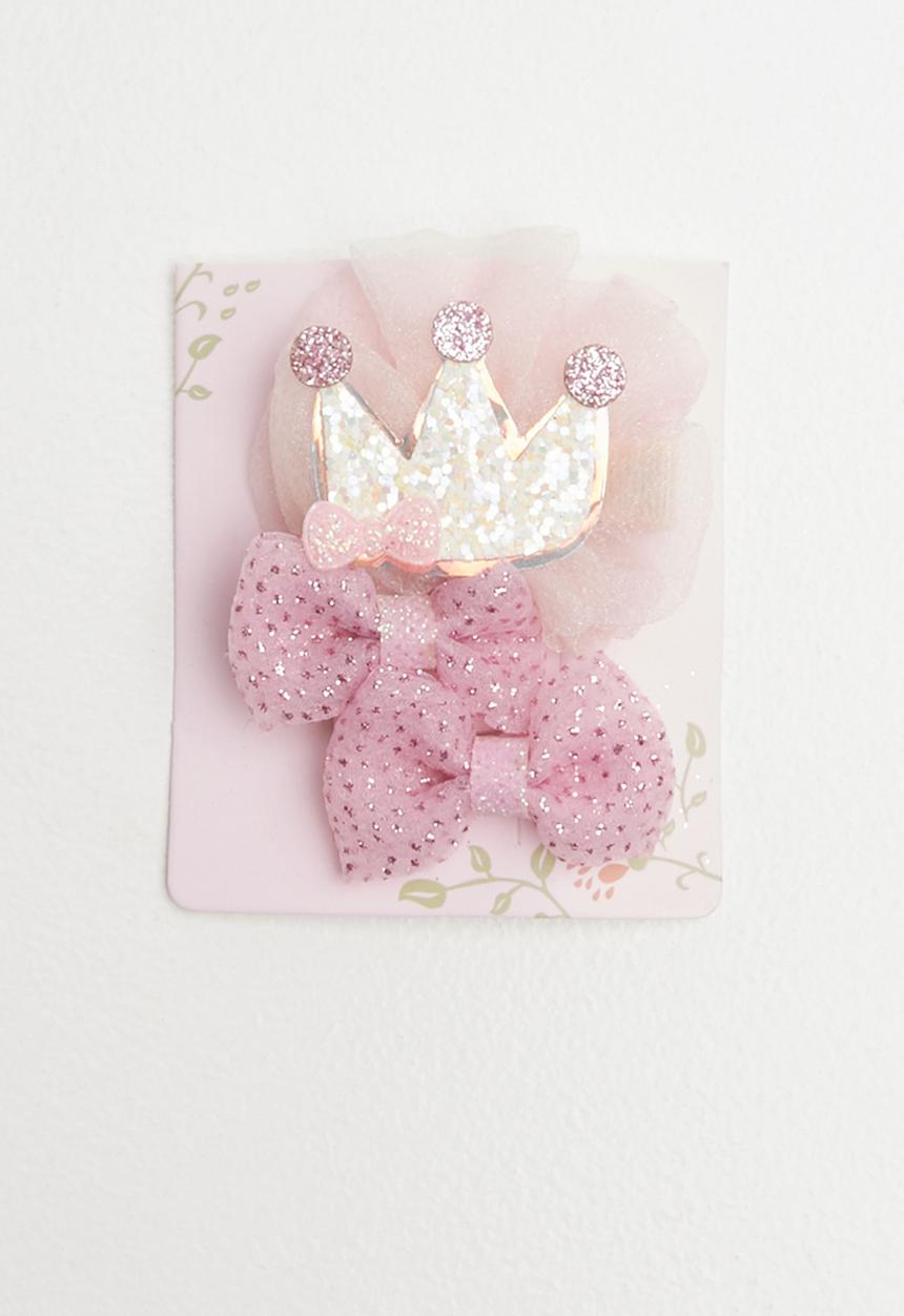Pop Candy - 3 piece crown hair clip pack - pink & yellow