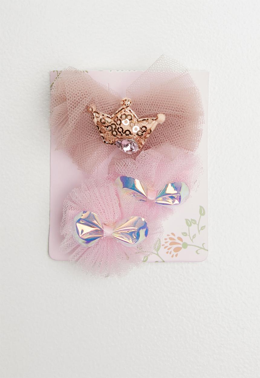 Pop Candy - 3 piece crown & bow hair clip pack - pink & brown
