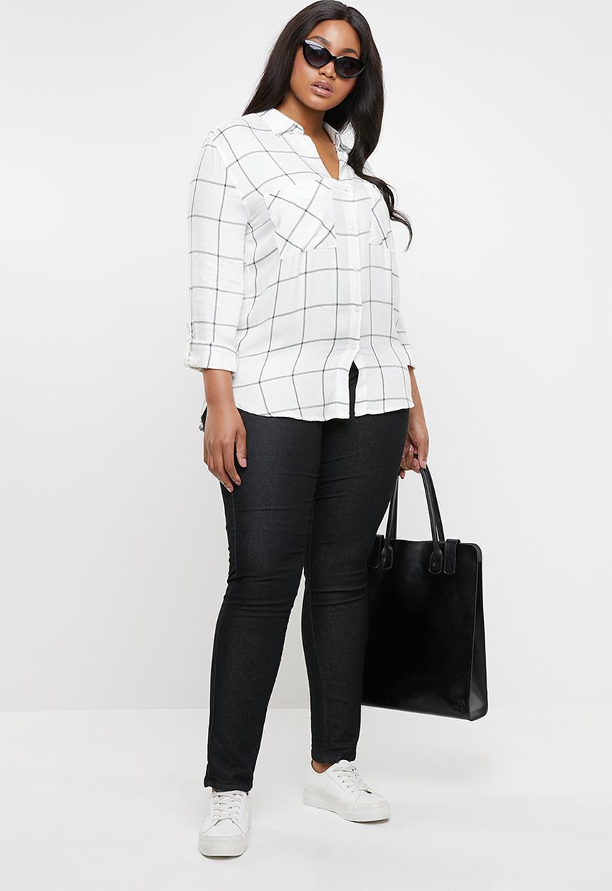 edit - Checked shirt with roll-up sleeve detail - white