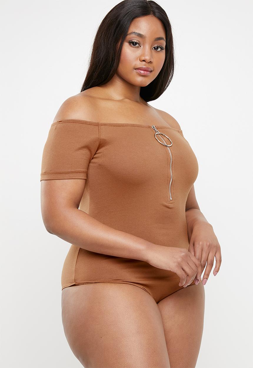 Missguided - Bardot zip front bodysuit - brown