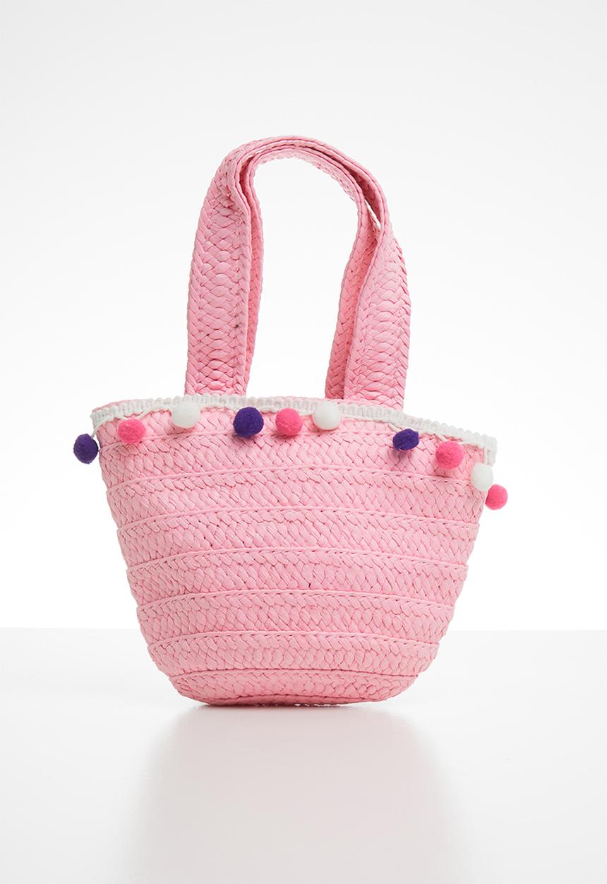 Pop Candy - Straw tote bag with pom-pom detail - pink