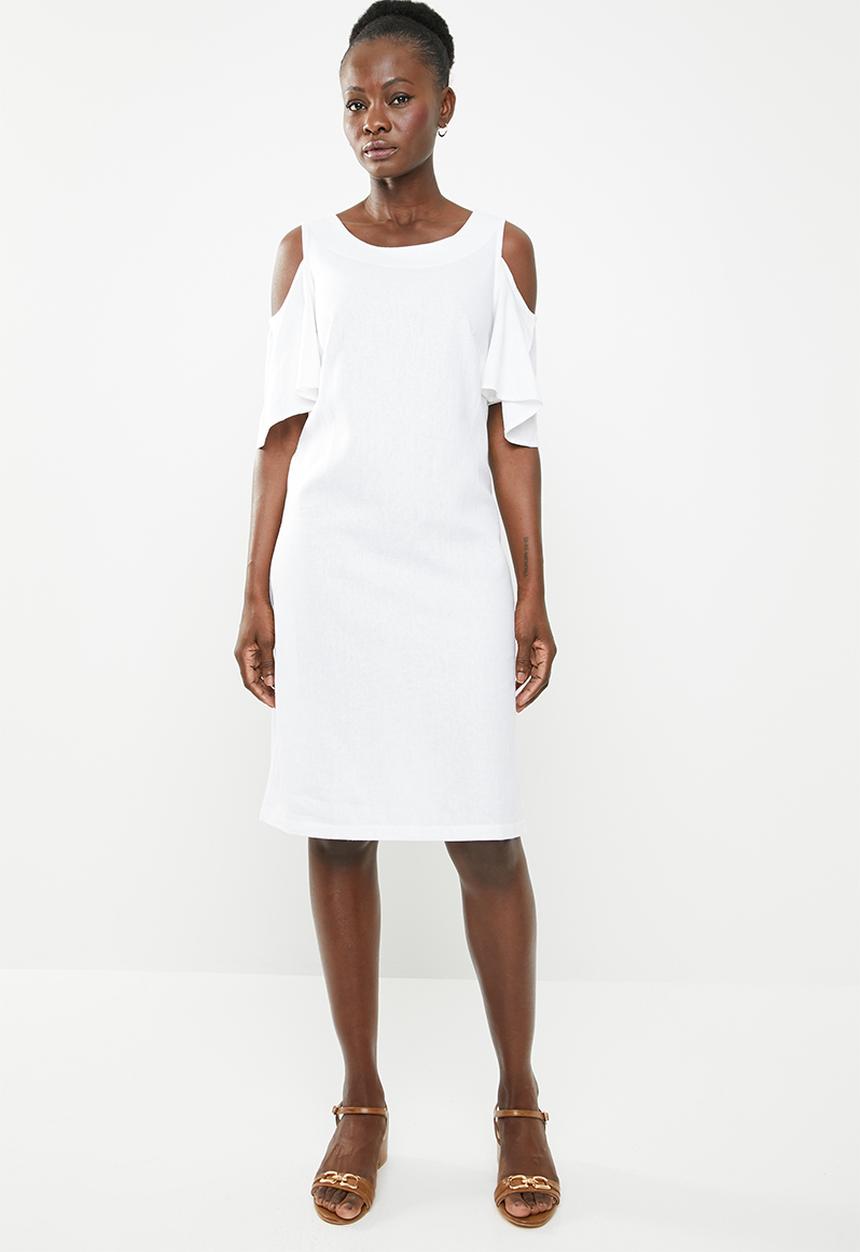 edit - Cold shoulder linen blend dress - white