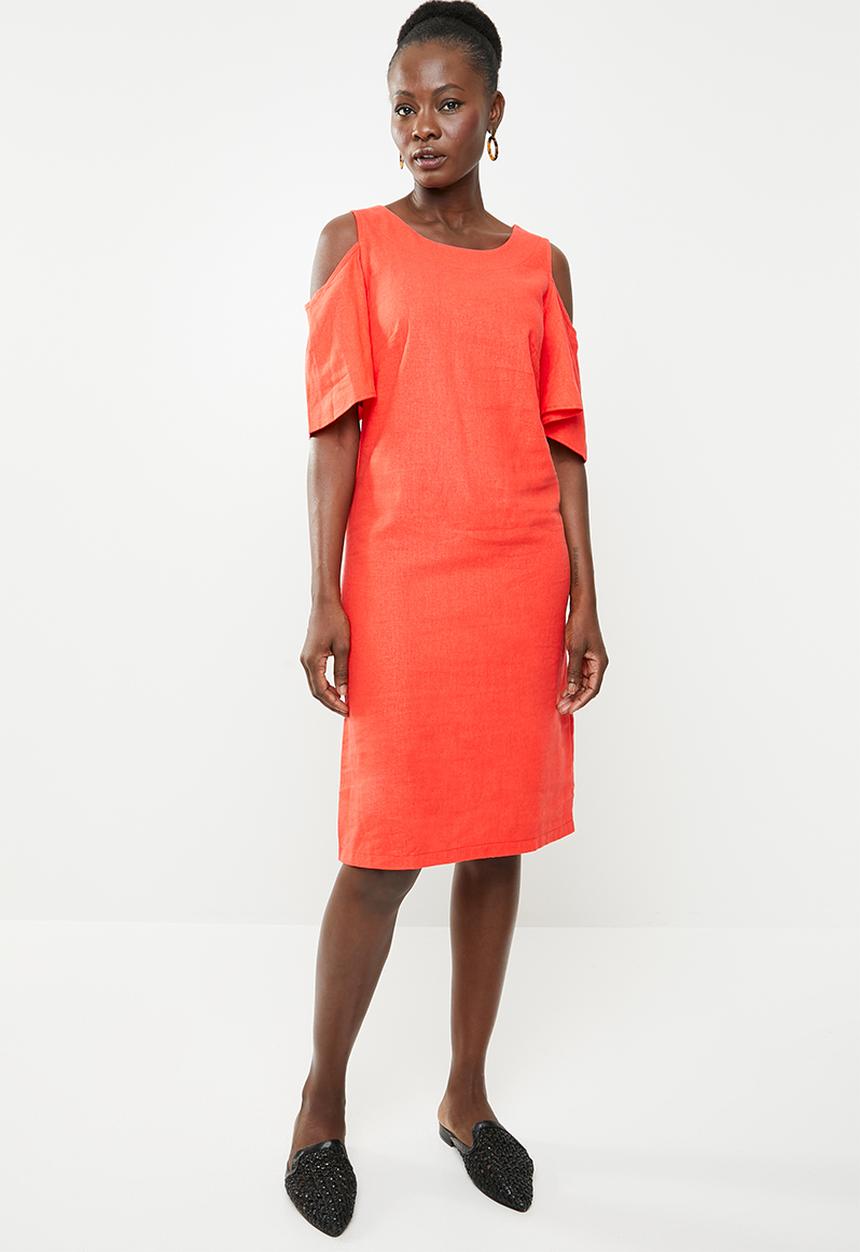 edit - Cold shoulder linen blend dress - orange