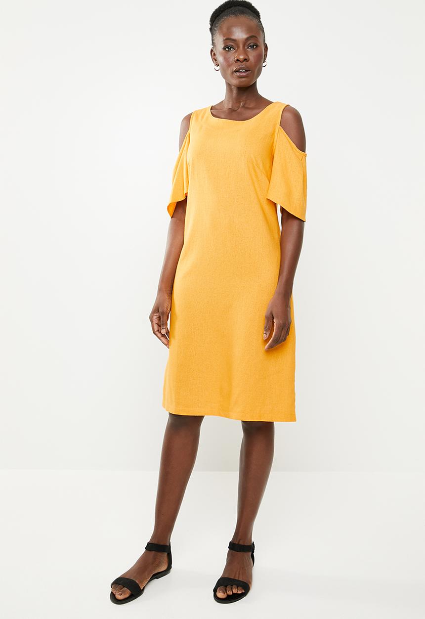 edit - Cold shoulder linen blend dress - yellow