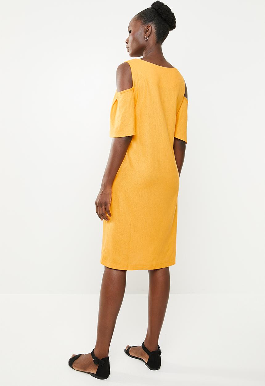 edit - Cold shoulder linen blend dress - yellow