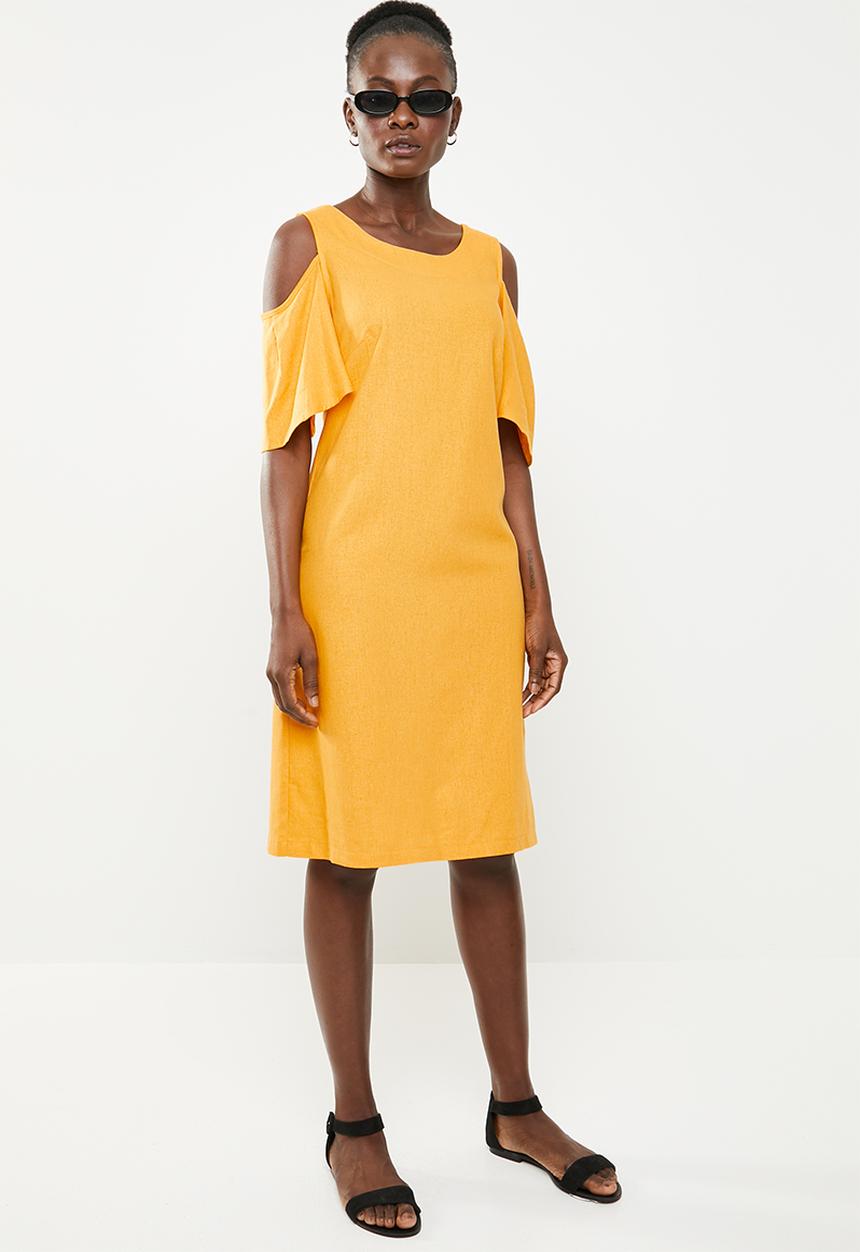 edit - Cold shoulder linen blend dress - yellow