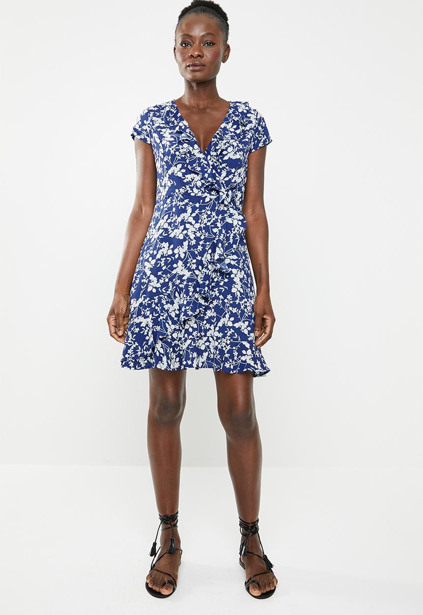 Revenge - Floral tea dress with frills - blue & white