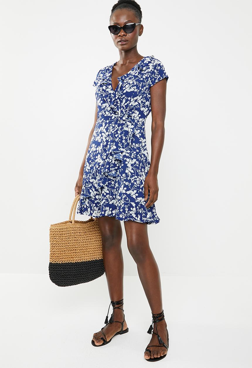 Revenge - Floral tea dress with frills - blue & white