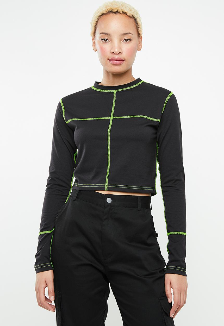 Missguided - Contrast stitch crew neck long sleeve top - black & green 