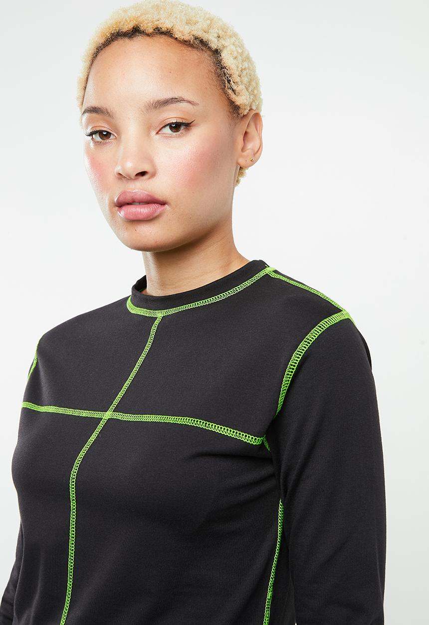 Missguided - Contrast stitch crew neck long sleeve top - black & green 