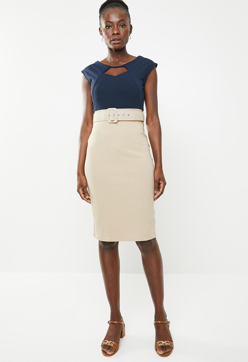 edit - Pencil dress with covered belt - navy & neutral
