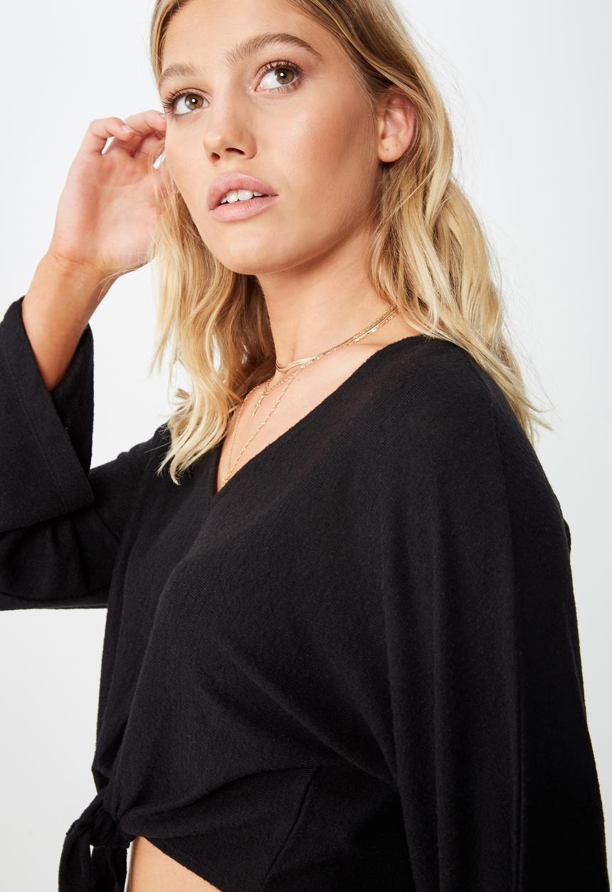 Cotton On - Mac tie front kimono sleeve top  - black