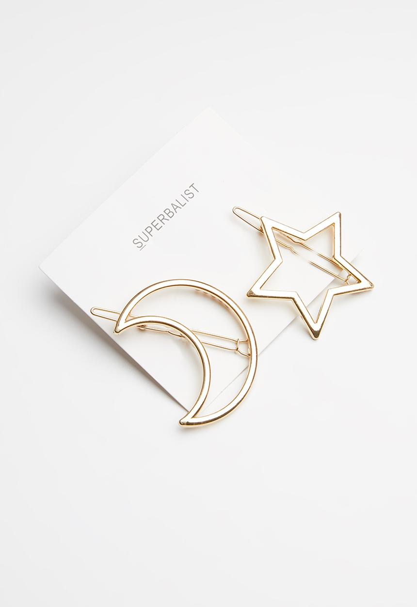 Superbalist - 2 pack star and moon hair clips - gold