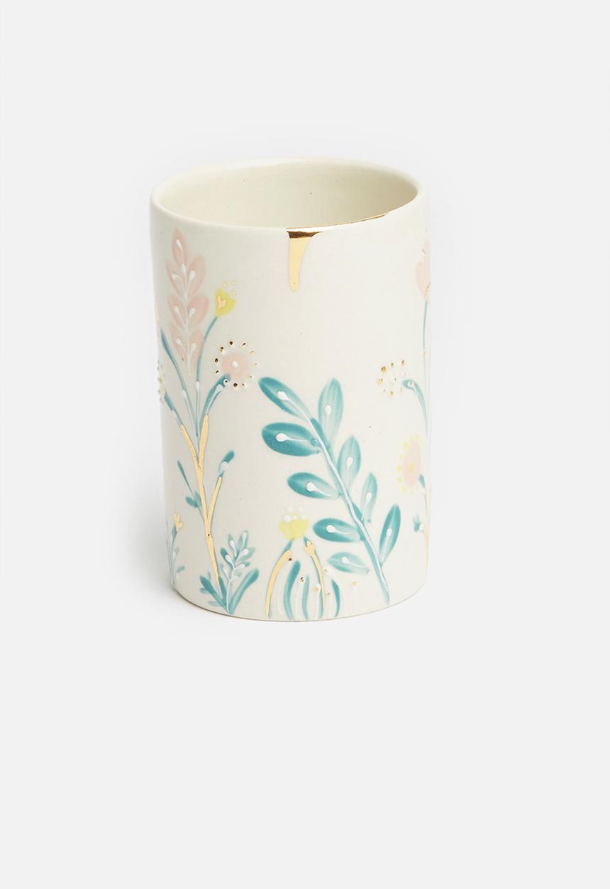Urchin Art - Floral toothbrush tumbler - white & multi