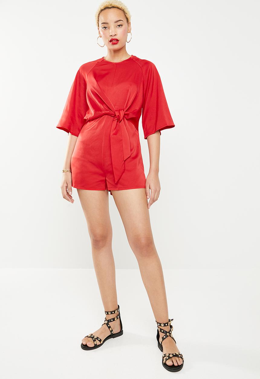 Missguided - Tie front kimono 3/4 sleeve playsuit - red