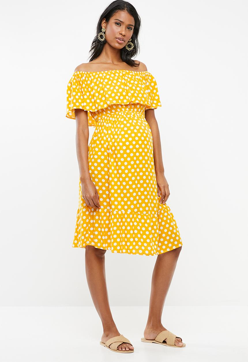 edit Maternity - Bardot frill dress - yellow & white 