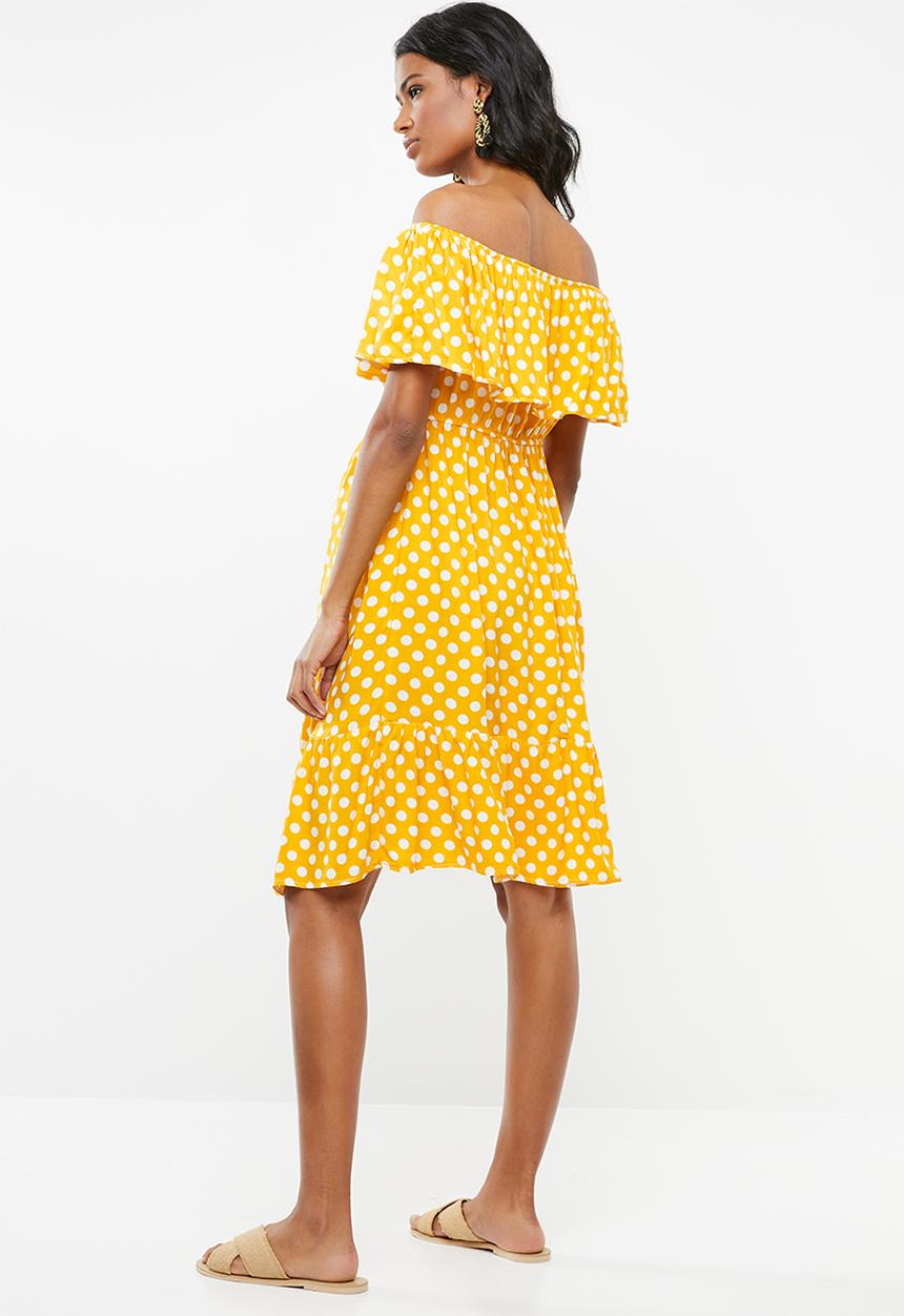 edit Maternity - Bardot frill dress - yellow & white 