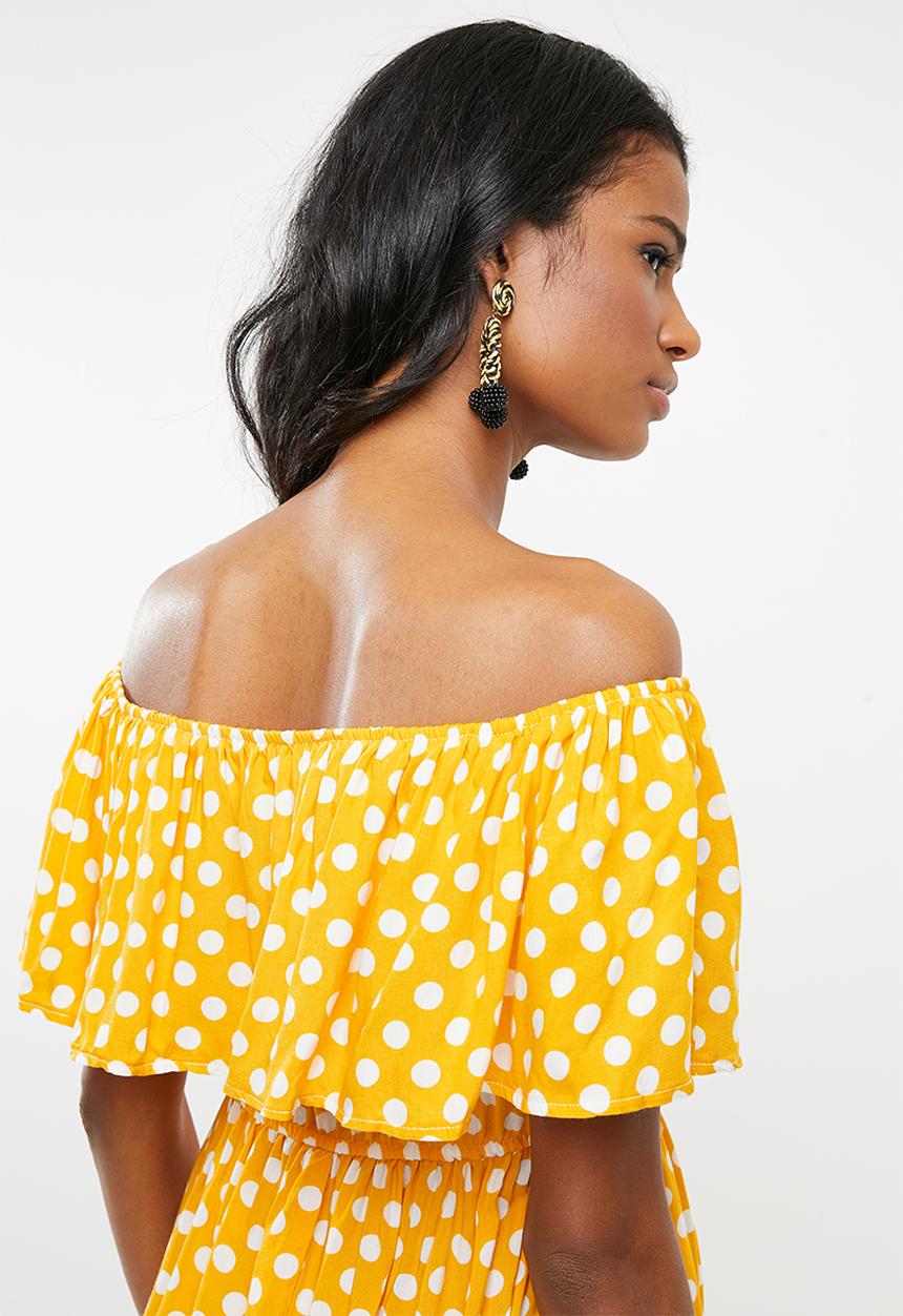 edit Maternity - Bardot frill dress - yellow & white 