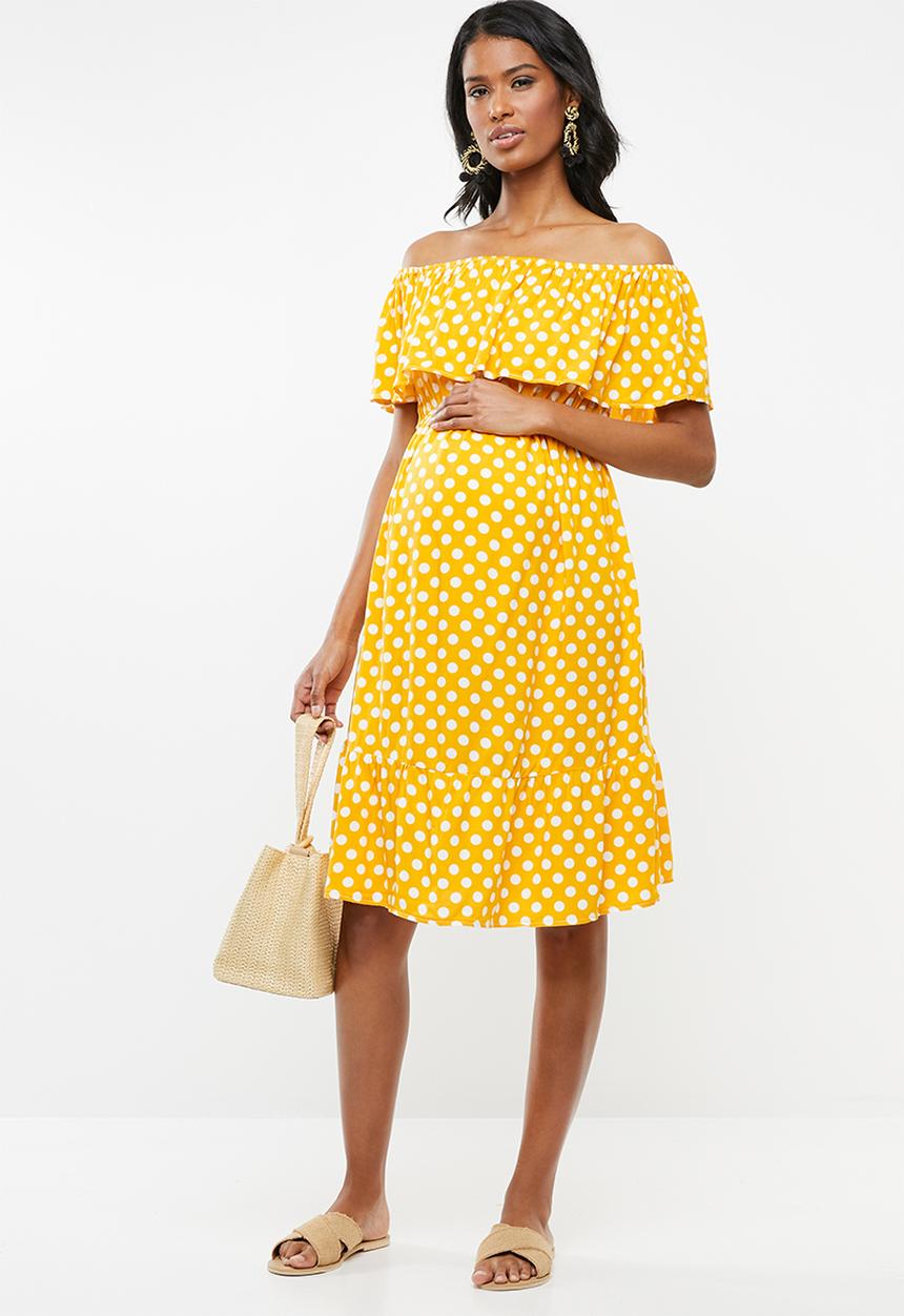 edit Maternity - Bardot frill dress - yellow & white 