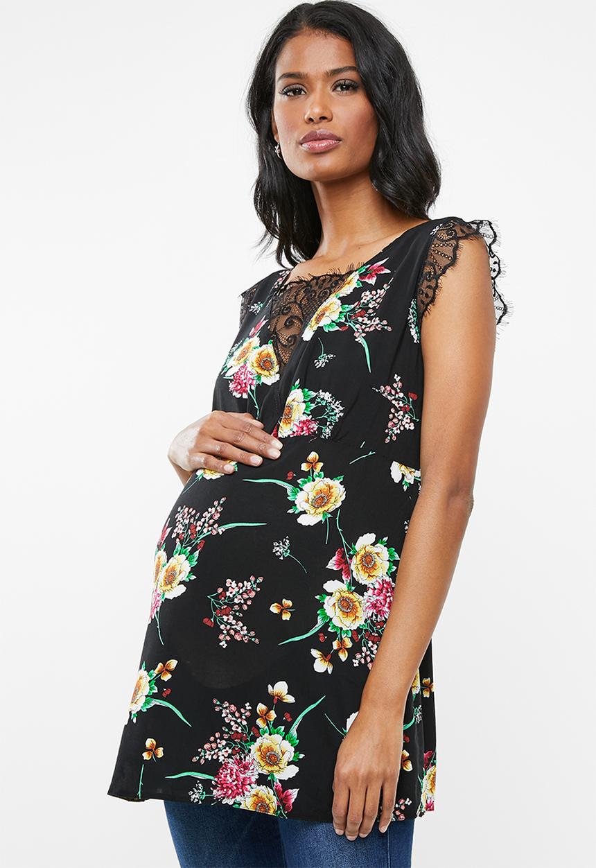 edit Maternity - Maternity Lace Inset floral Tank Top - Black