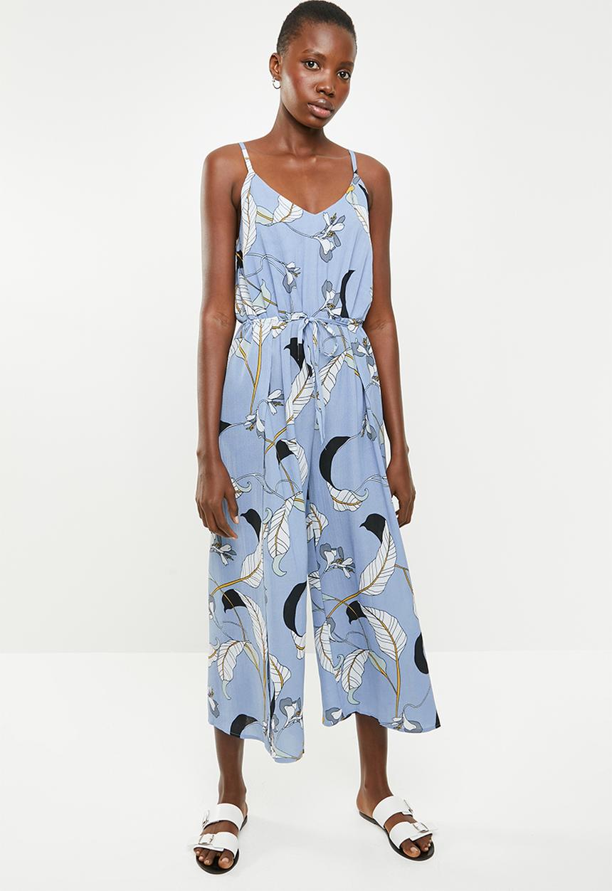 Revenge - Cami strap printed jumpsuit with waist tie - blue