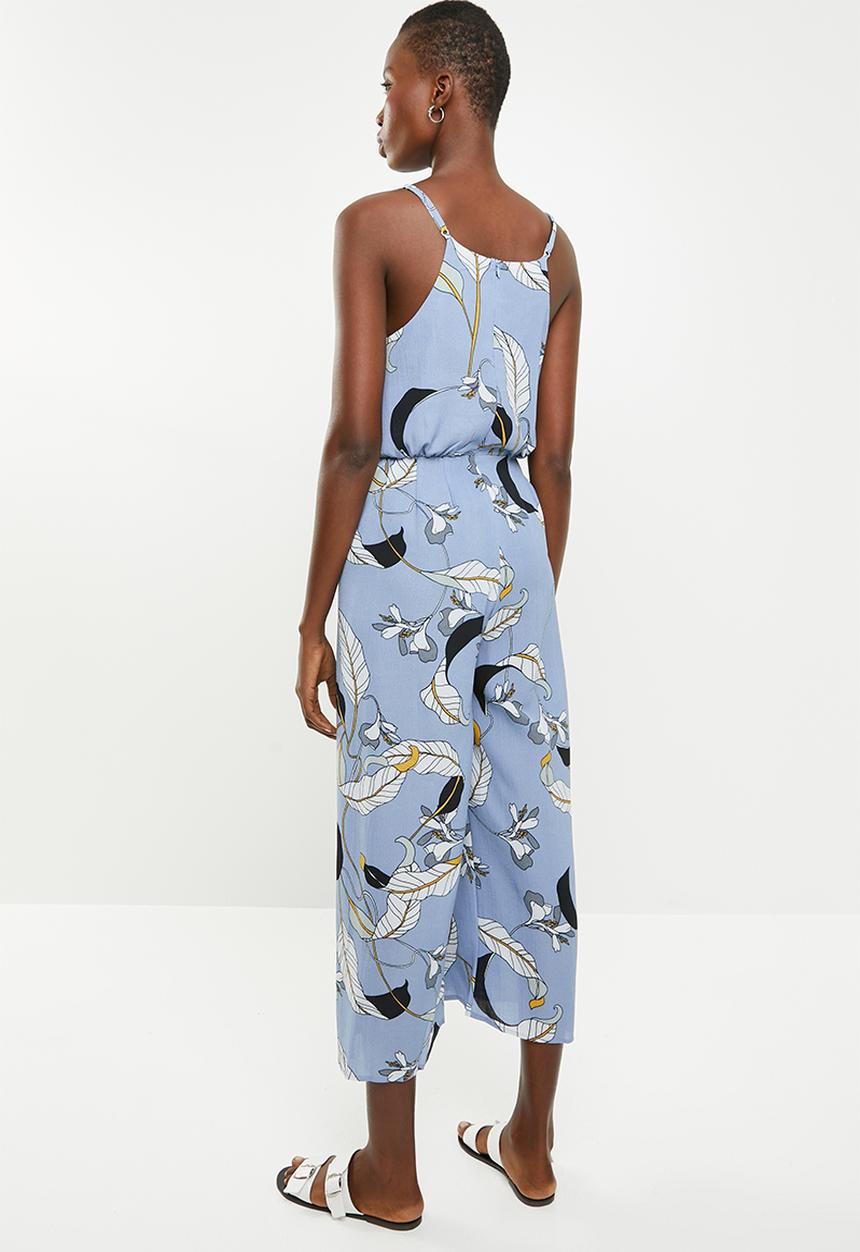 Revenge - Cami strap printed jumpsuit with waist tie - blue