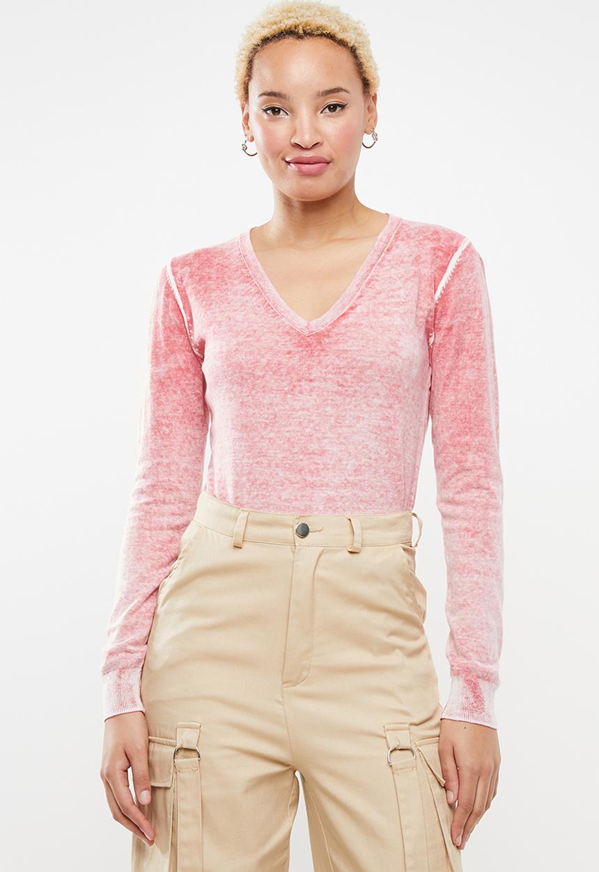 STYLE REPUBLIC - Vintage wash v-neck jersey - pink & white 