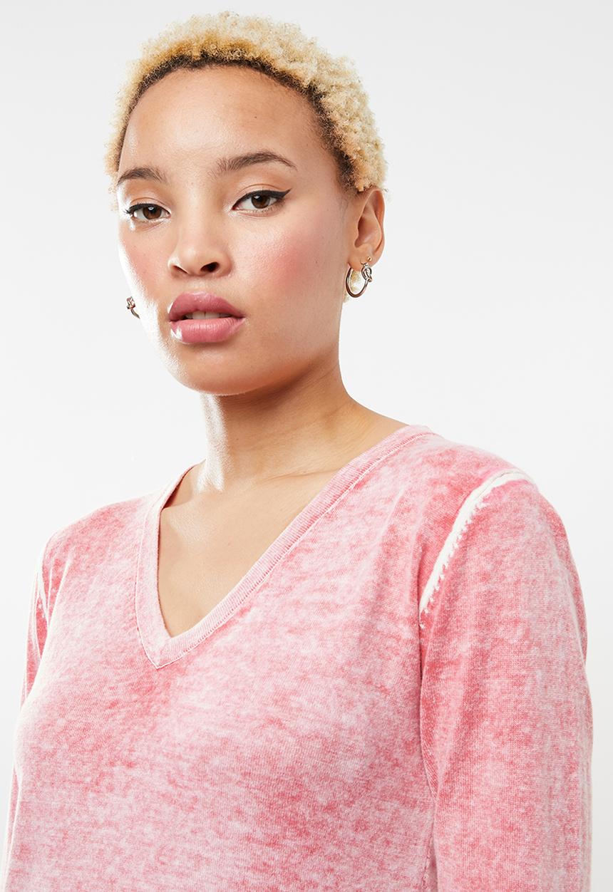 STYLE REPUBLIC - Vintage wash v-neck jersey - pink & white 