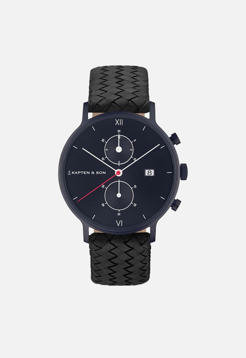 Kapten & Son - Chrono leather watch - black & navy
