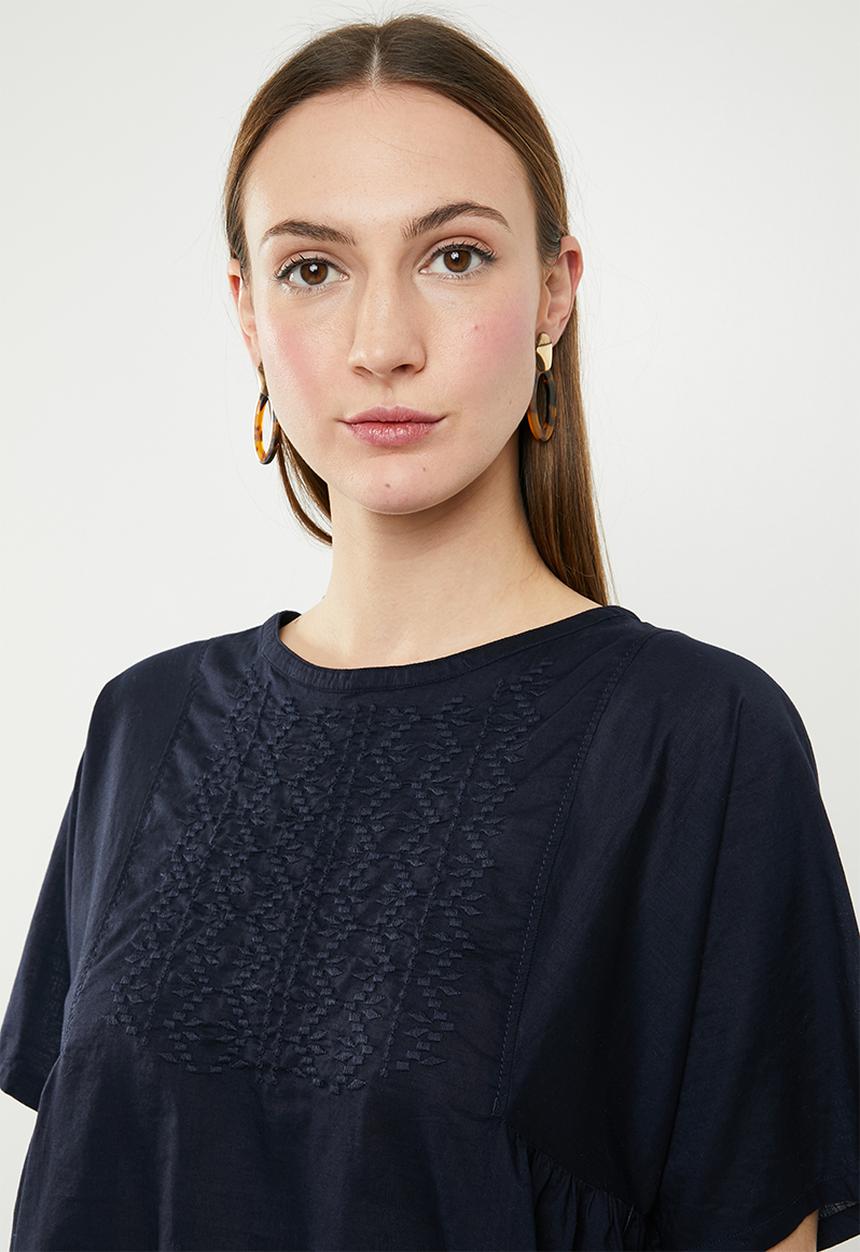 edit - Short sleeve embroidered blouse - navy