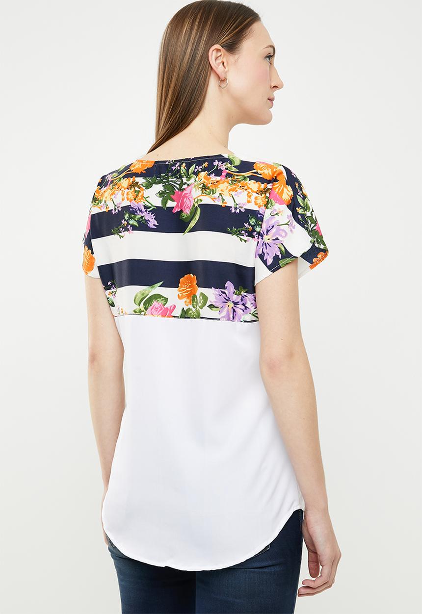 edit - Printed short sleeve blouse - navy & white