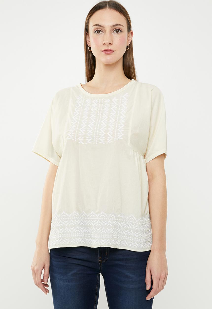edit - Short sleeve embroidered blouse - cream