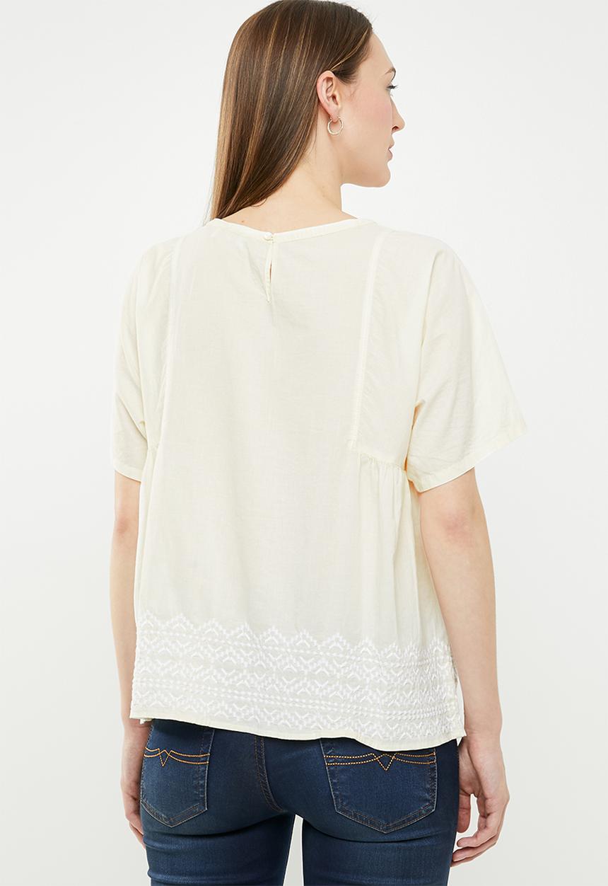 edit - Short sleeve embroidered blouse - cream