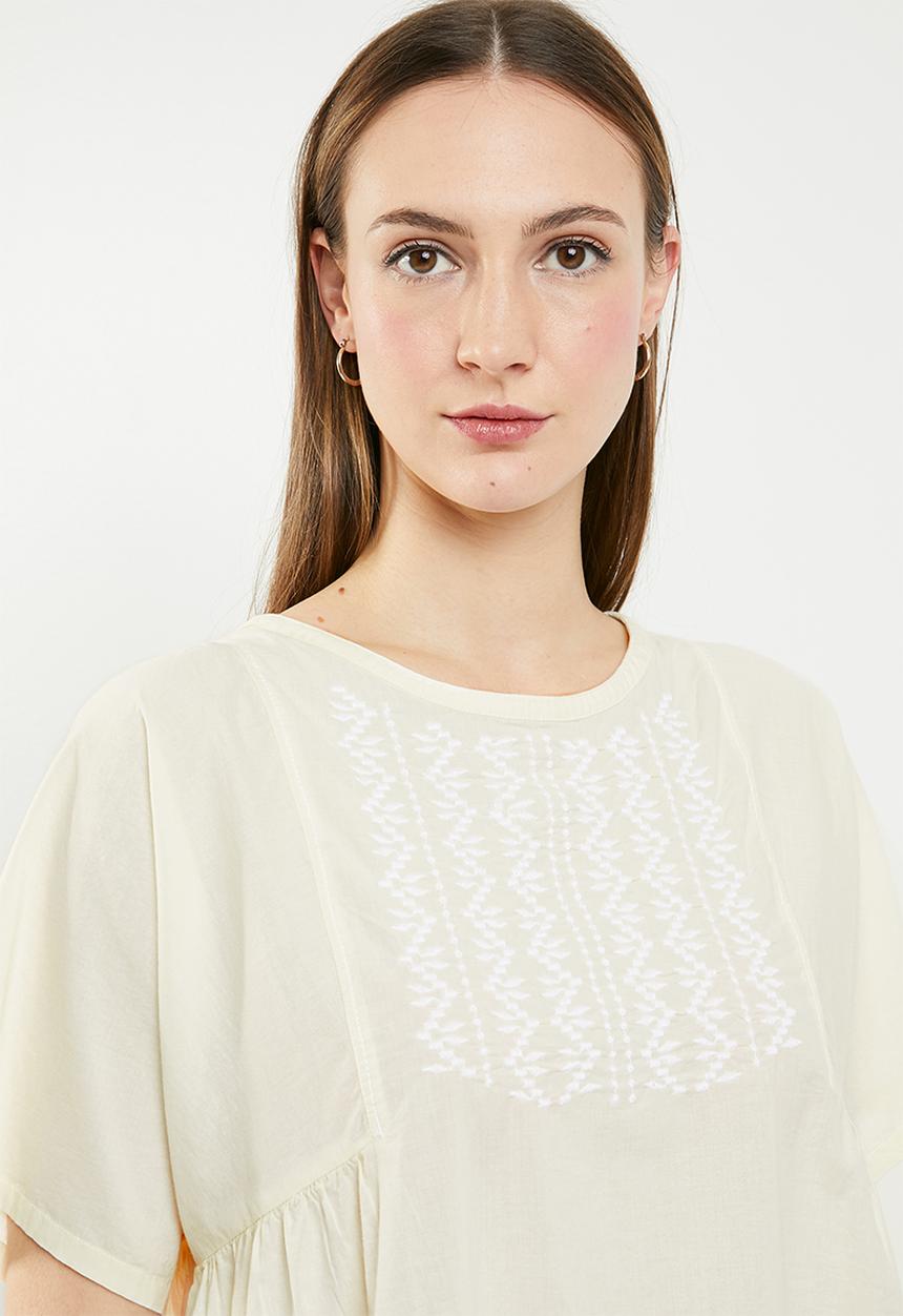edit - Short sleeve embroidered blouse - cream