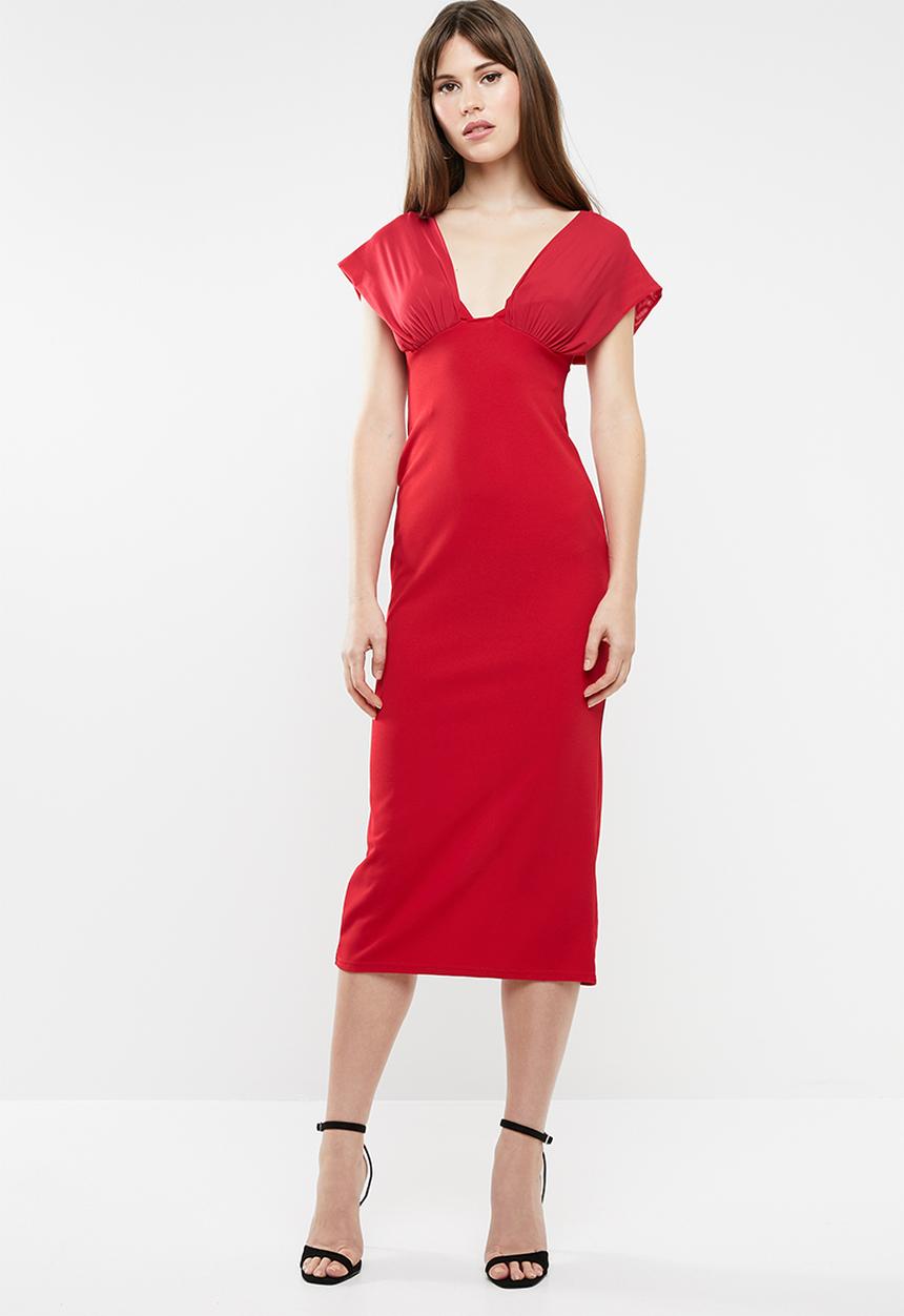 Missguided - Mesh overlay bodycon midi dress - red