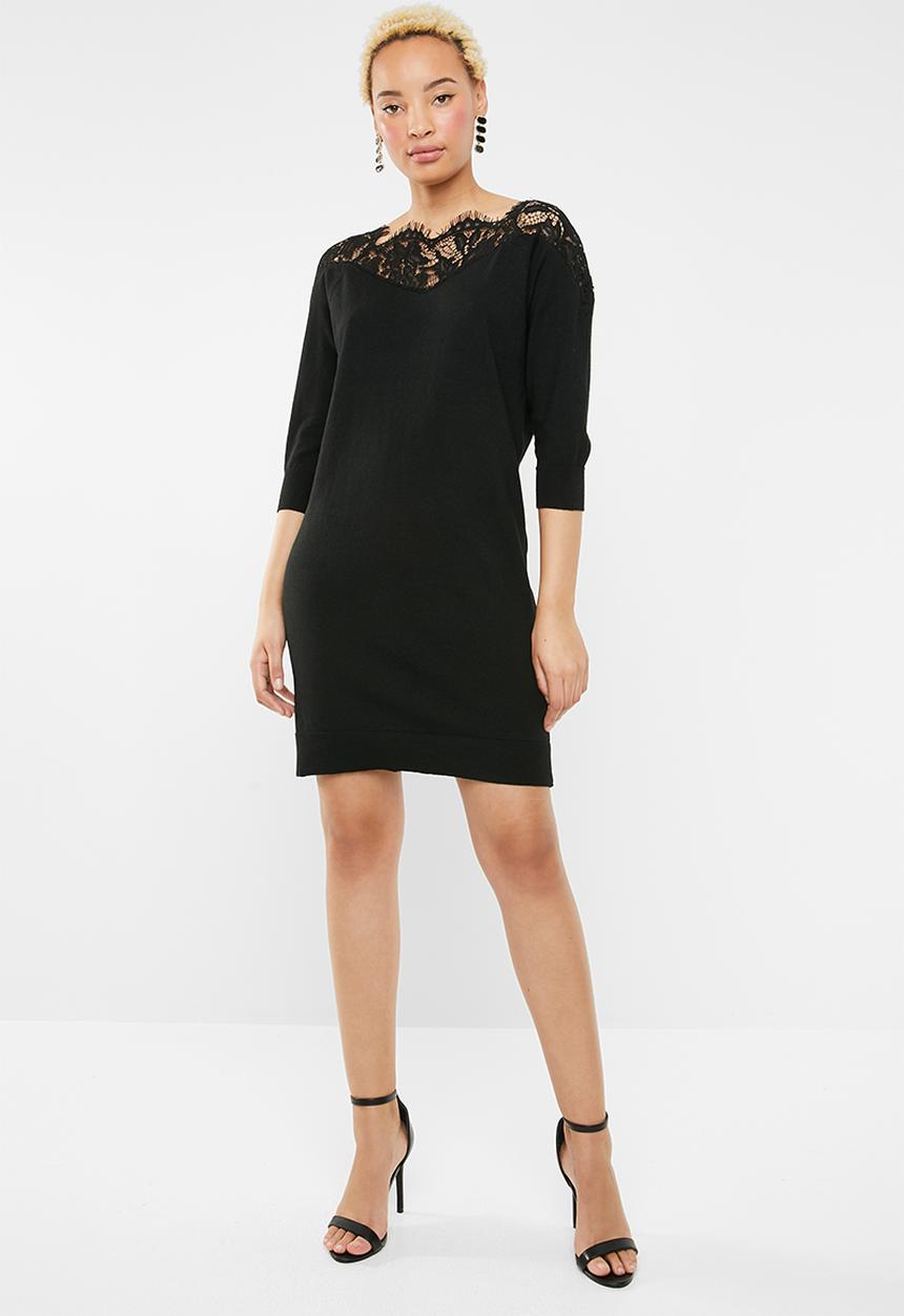 ONLY - Ally 3/4 sleeve lace insert dress - black