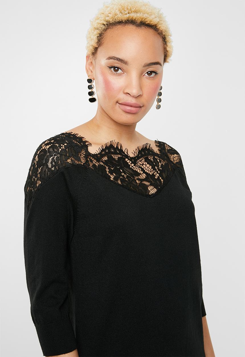 ONLY - Ally 3/4 sleeve lace insert dress - black