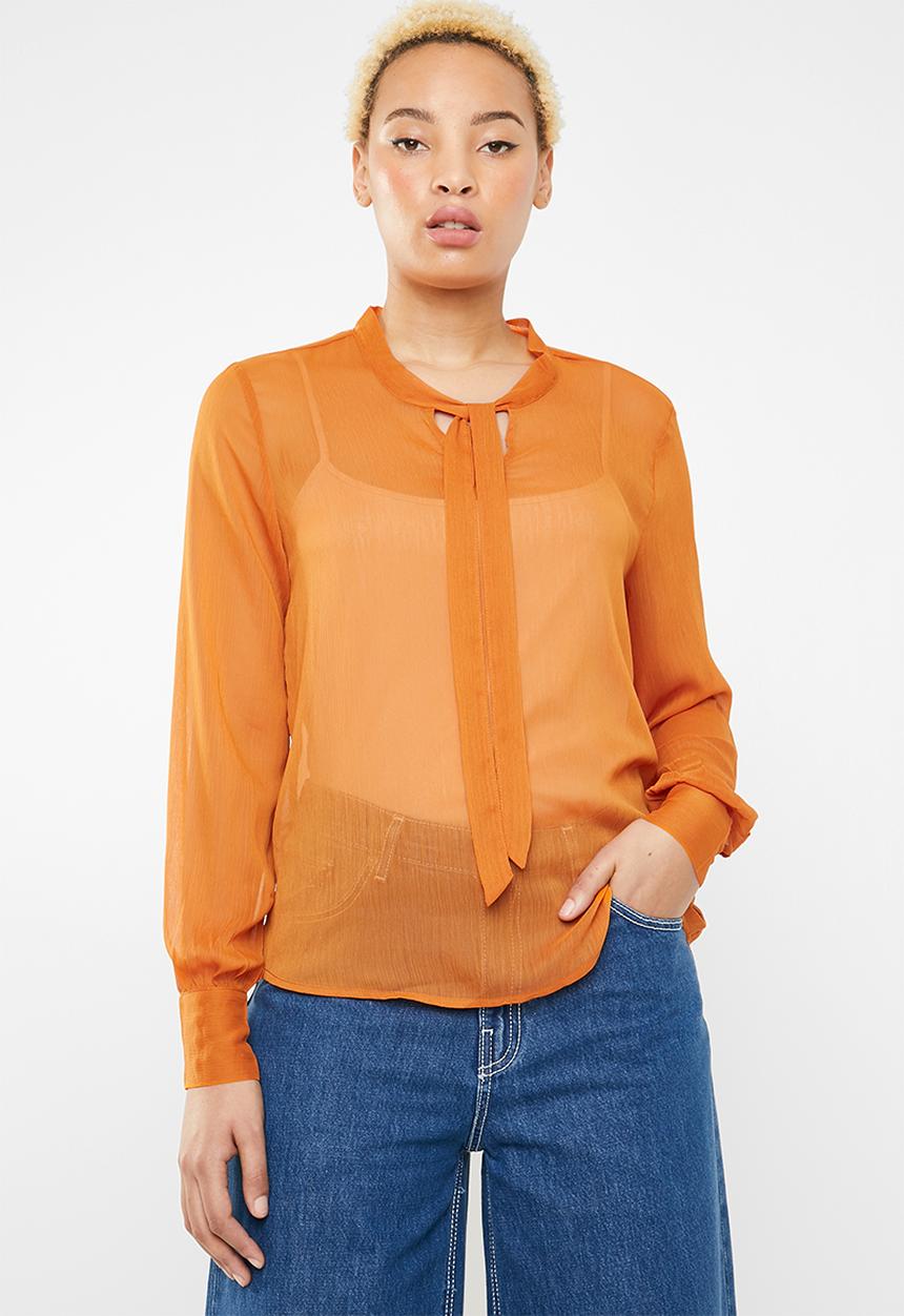ONLY - Rachel long sleeve bow top - orange