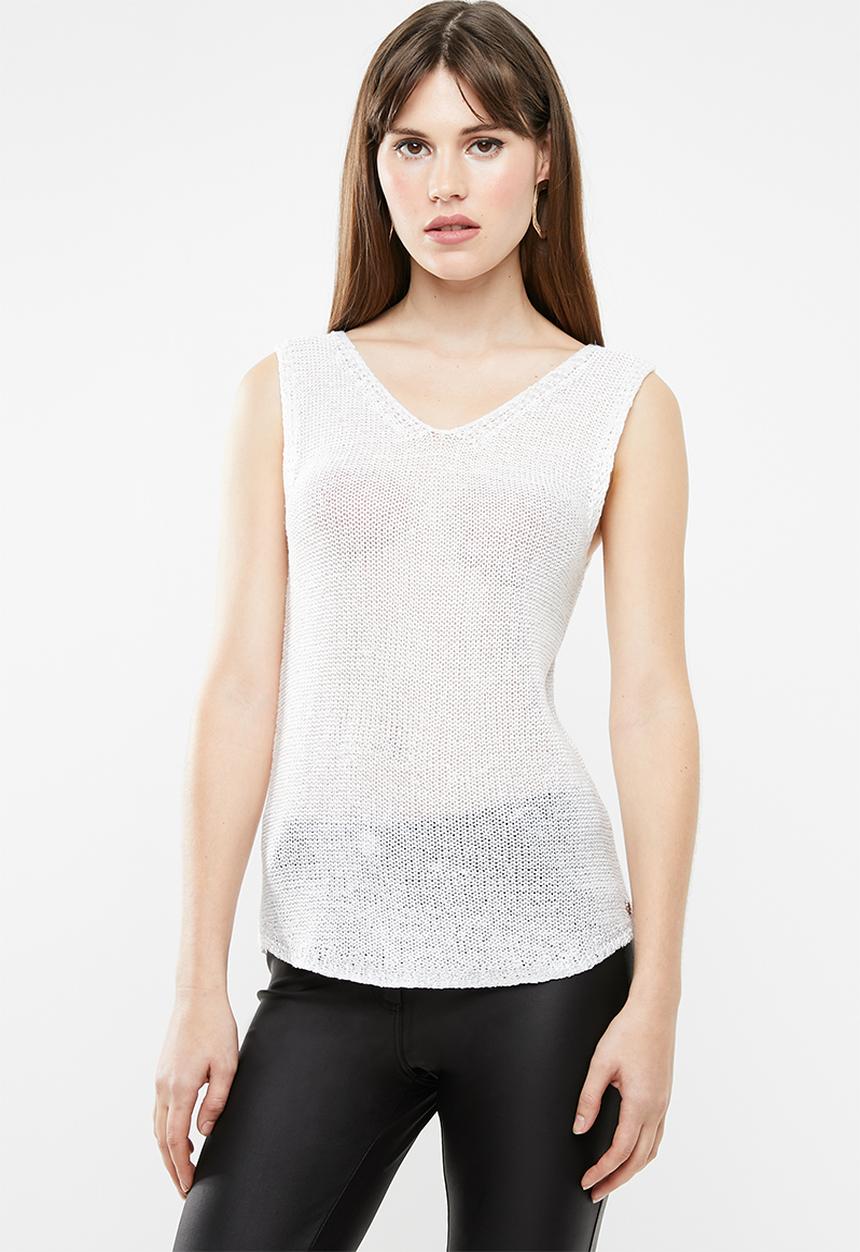 SISSY BOY - Lurex sequin knit top with lace up - white