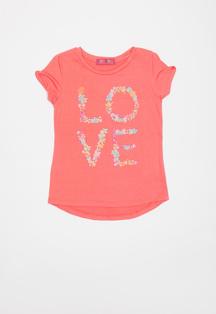 Pop Candy - Girls flower printed love tee - coral