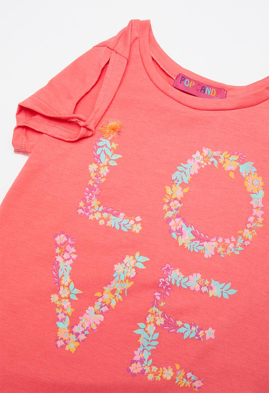 Pop Candy - Girls flower printed love tee - coral