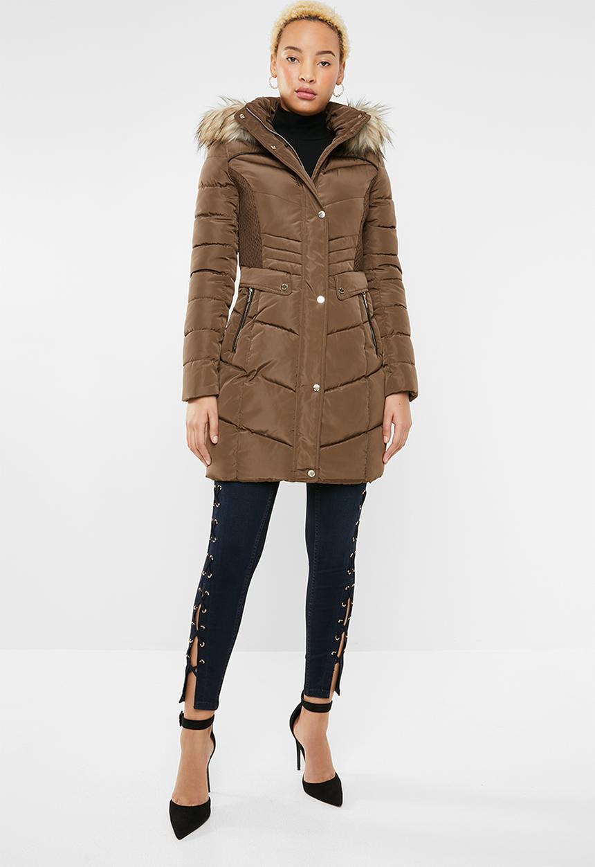 SISSY BOY - Longer length puffer with faux fur - brown 