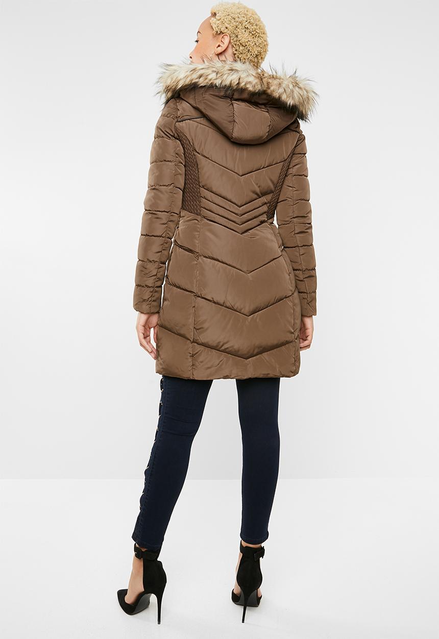 SISSY BOY - Longer length puffer with faux fur - brown 
