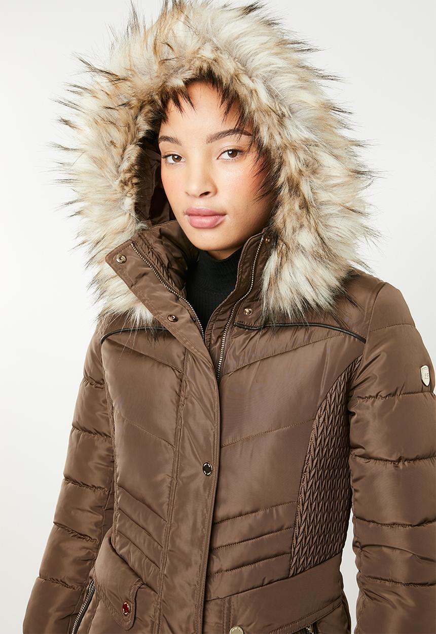 SISSY BOY - Longer length puffer with faux fur - brown 