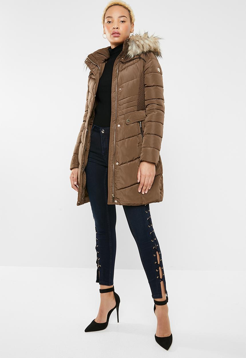 SISSY BOY - Longer length puffer with faux fur - brown 