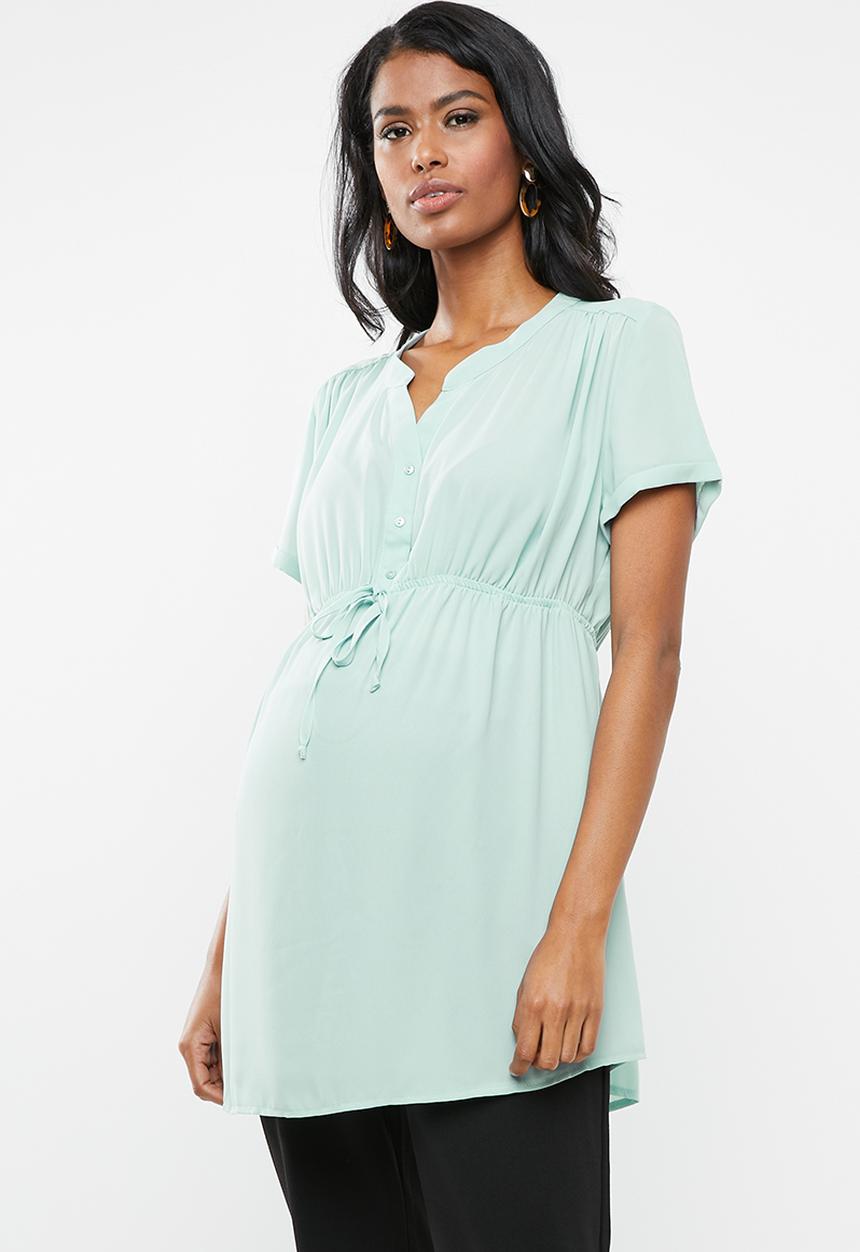 Cherry Melon - Maternity Woven mandarin shirt with short sleeve - blue
